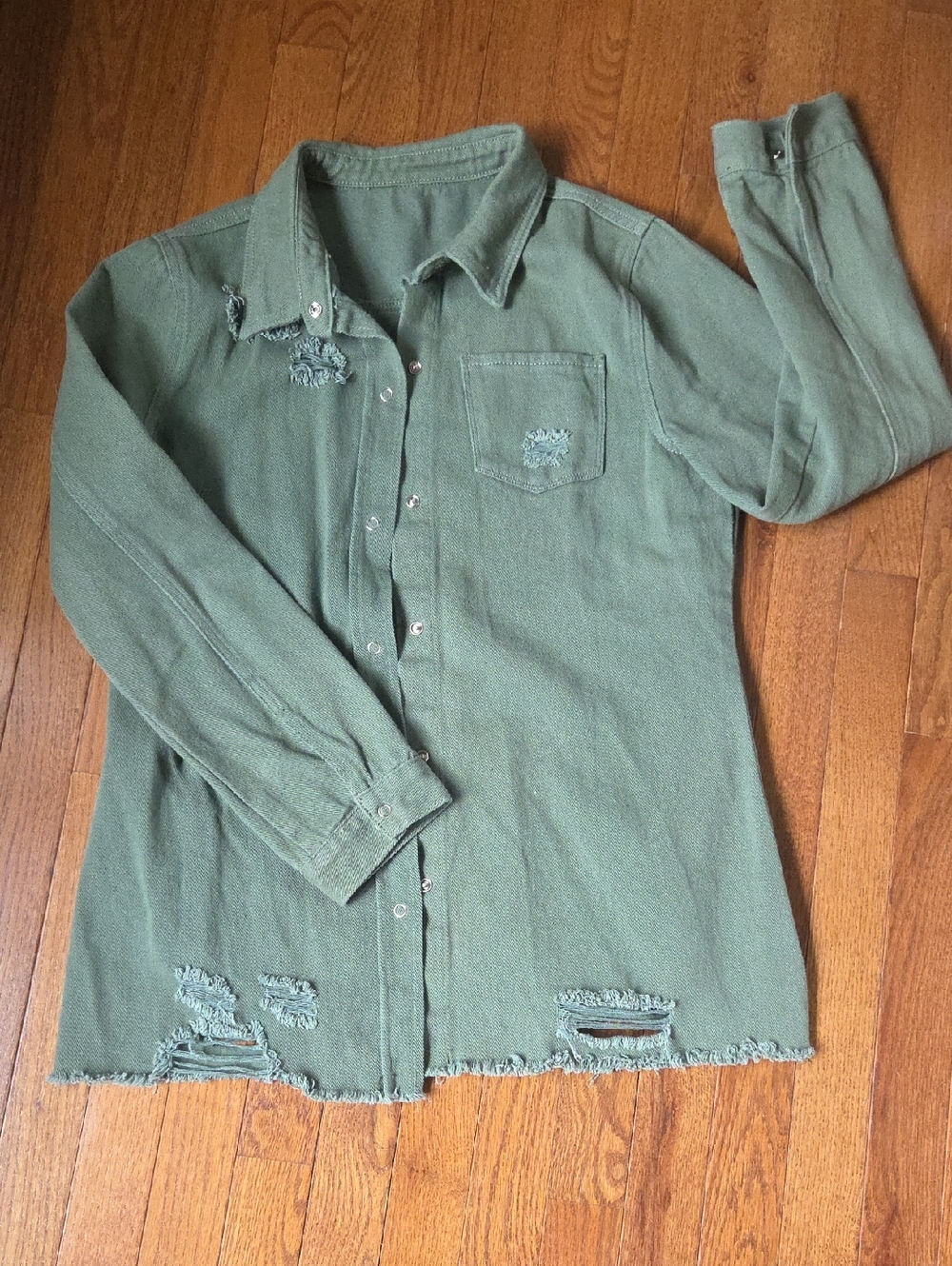 Amazon Olive Green Distressed Button-Front Denim Jacket